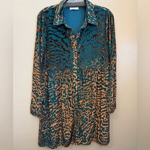 Velvet Metallic Burnout Teal Brown Animal Print Lined Button Dress Size Medium